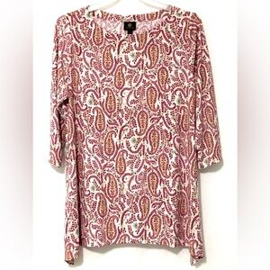 JM Collection Women's 2X Jacquard Petunia Pink Combo 3/4 Sleeve Scoop Neck Top